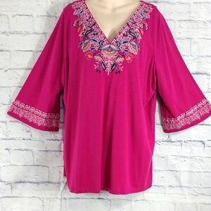 Roaman's Top Pink Floral Embroidered 3/4 Sleeves Sz 1X